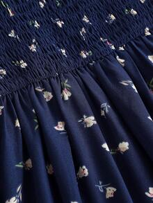 Girlism 少女春夏藏蓝色碎花泡泡袖褶皱腰A字中长连衣裙，优雅碎花，奢华度假风，情人节，假日 - 藏蓝色 - 查看 4