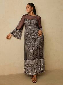 Travachic Plus Size Women African Geometric Pattern Camisole Knit Dress With Mesh Shawl 2 Pieces Set - Coffee Brown - View 8