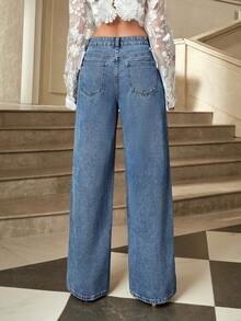 Selenza Women's High-End Floral Embroidery Hollow-Out Denim Jeans - Medium Wash - View 2