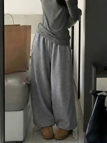 INAWLY Pantalón de chándal recto con bolsillos y cintura con cordón para mujer, color gris - Gris - Ver 3