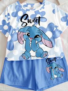 SHEIN 2pcs Kawaii Cartoon Blue Rabbit Stitch Pattern,Blue Ombre Floral Young Girl Casual Minimalist Short Sleeve T-Shirt And Shorts Set,Suitable For Summer - Multicolor - View 6
