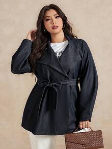 Dazy Plus Jachetă de primăvară/toamnă pentru femei, la modă, casual, cu rever larg, cu șnur, pentru naveta, plus mărime - Albastru marin - Vizualizare 7