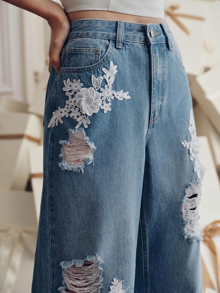 Anewsta Women's Spring/Summer New Romantic Floral Embroidery Ripped Straight Leg Jeans