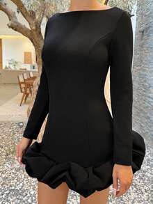 Mélanie ORL 秋冬夏季圣诞服装新年服装新年连衣裙甜美蓬蓬裙红色连衣裙优雅长袖连衣裙 - 黑色 - 查看 3