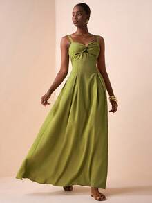 Zivah 2026春夏波西米亚风可调节吊带连衣裙，扭结设计，A字廓形，收腰，绿色亚麻褶皱面料 - 綠色 - 查看 6