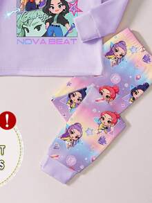 Young Girls Snug Fit  Pajamas-2 Piece Pajama Set Lavender Cartoon Character Crew Neck Long Sleeve Top And Matching Long Pants Sleepwear Set Cute Animated Print Cozy Fit Elastic Waist Ideal For Sleep Party Holiday 2026 New Year Gift Everyday Wear - Purple - View 5