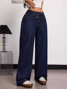 SHEIN Tall 冬夏女式休闲街头风交叉腰带设计舒适显瘦蓝色水洗直筒牛仔裤 - 深色水洗藍 - 查看 5