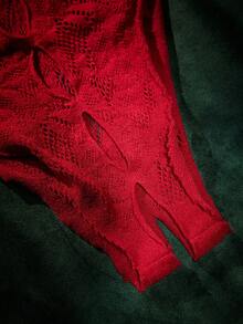 SpicyHot 1件装女士性感镂空蝴蝶结透明网纱连体紧身衣，情人节 - 酒紅色 - 查看 6