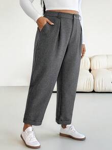 SHEIN Essnce 大码女装秋冬时尚休闲宽松舒适日常百搭灰色弹力腰锥形裤，女式下装，工作裤，简约风格 - 灰色 - 查看 3