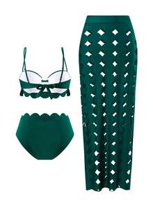 Swim Oasis 3 Stücke/Set Sommer Neue Damen Strandoutfits, Bandeau Push-Up & Raffung einfarbiger Bikini-Top, hochgeschnittene Bikinihose, hoch geschlitztes besticktes langes Strandkleid, Badeanzug-Set für den Urlaub