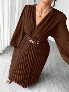 Elenzga Đầm cổ chữ V xếp ly thắt eo, trang trí khóa kim loại màu hồng cỡ lớn dành cho nữ, thiết kế cổ áo sơ mi và tay áo, thích hợp cho các dịp trở lại trường, tốt nghiệp, ngày lễ tình nhân, lễ hội âm nhạc, ngày của mẹ, lễ Halloween, lễ tạ ơn, lễ Phục sinh, ngày quốc khánh, vũ hội, tiệc hẹn hò, mùa cưới, các chuyến đi ngoài trời - màu nâu - Xem 4