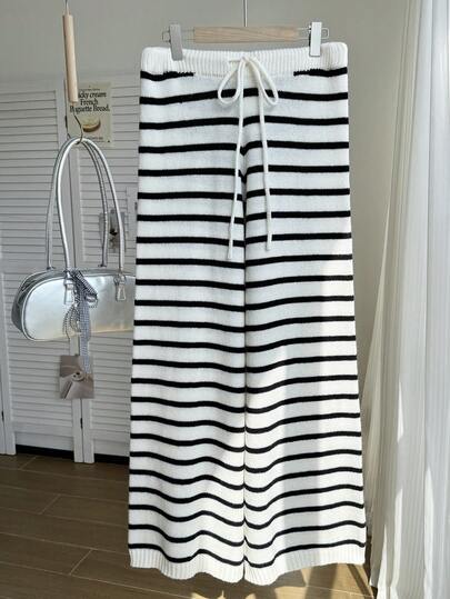 Comfortcana Plus Size Black & White Striped Casual Loose Sweater Pants