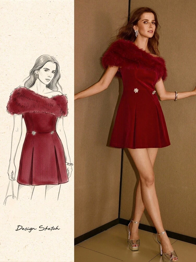 ASYMMETRICAL SHOULDER FAUX FUR COLLAR WAIST RHINESTONE BUCKLE DECOR VELVET SHORT DRESS, SUITABLE FOR AUTUMN/WINTER PARTY
