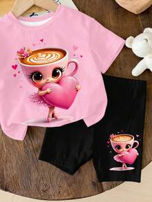 SHEIN 女婴休闲芭蕾舞咖啡杯印花宽松圆领短袖T恤和修身骑行短裤套装，适合春夏穿着 - 彩色 - 查看 5