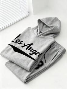 Manfinity Hypemode Men's Casual Los Angeles 23 Numeral & Letter Print Hoodie Set Chic Autumn - Grey - View 3