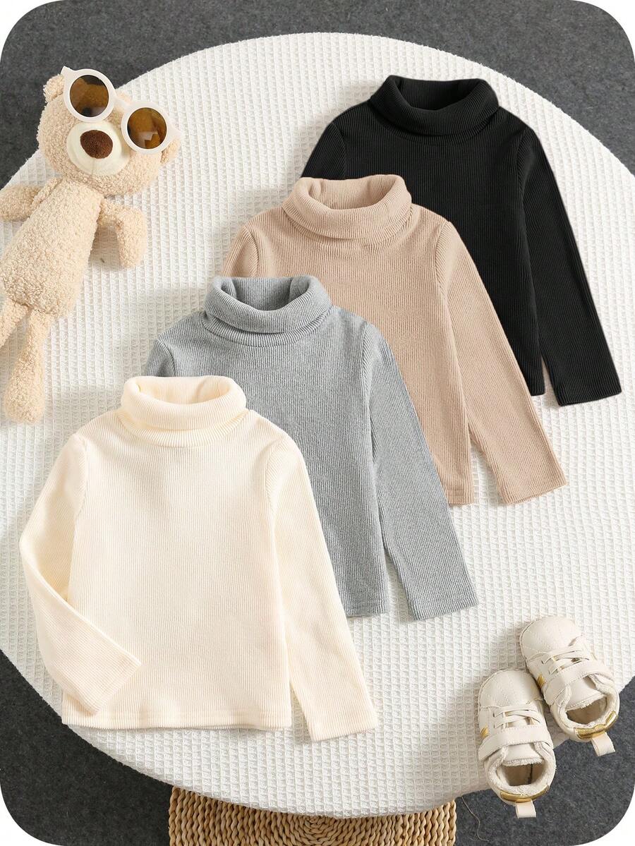 SHEIN 4件/包 男女宝宝休闲纯色针织高领长袖上衣，适合秋冬季穿着 - 彩色 - 查看 1