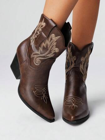 Fairycore Women's Pointed Toe Block Heel Symmetrical Embroidered Western Boots, Leather Slip-On Ankle Booties & Short Boots, Autumn/Winter New Arrival