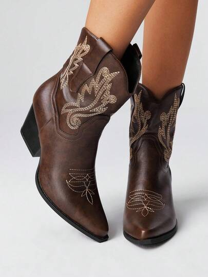 Fairycore Stivali western con punta affusolata, tacco a blocco e ricamo simmetrico per le donne, stivaletti e stivaletti alla caviglia in pelle con slip-on, nuovi arrivi per l'autunno/inverno