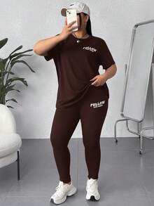 SHEIN EZwear Bộ 2 áo thun và quần dài in họa tiết thường ngày màu nâu sô cô la cỡ lớn dành cho nữ - Màu nâu Sô-cô-la - Xem 6