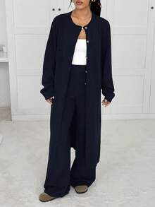 SHEIN EZwear Navy Blue Women's Round Neck Long Sleeve Front Button Loose Casual Knit Cardigan,Sweaters For Women - Navy Blue - View 4