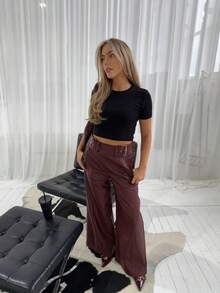 Anewsta 女士高腰阔腿 PU 皮裤，酒红色，商务休闲新款，适合万圣节、秋冬 - 酒紅色 - 查看 8