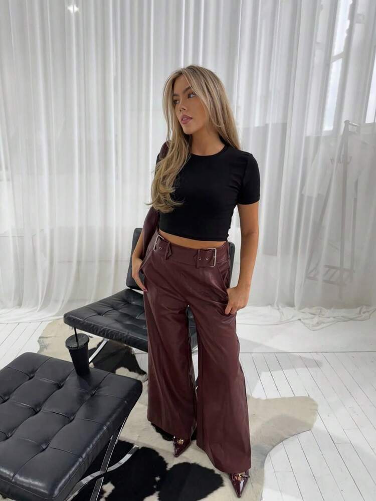 Women's High Waist Wide Leg PU Leather Pants, Burgundy, Business Casual New Style For Halloween, Autumn/Winter