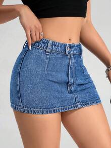 SHEIN PETITE Minifalda vaquera casual para mujer - Azul lavado medio - Ver 4