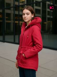 Little Big City abrigo para niña invierno con gorro afelpado, forro suave tipo peluche, cierre frontal y botones dorados, abrigo térmico casual elegante con ajuste en cintura y bolsillos – colores camel, fiusha, marino, negro y verde militar - Rosa - Ver 3