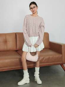 DAZY Suéter de punto de cable con caída de hombros para adolescentes, informal, para otoño/invierno y primavera - Rosa - Ver 3