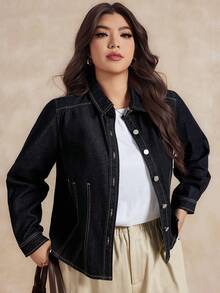 Dazy Plus 水洗黑色牛仔收腰衬衫式短款牛仔上衣长袖外套，春秋季 - 黑色 - 查看 6