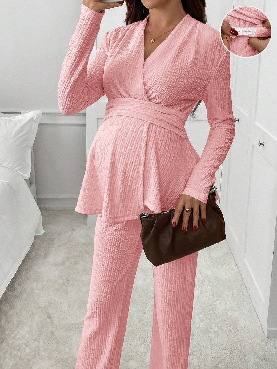 SHEIN 2pcs Maternity Elegant Commuter Solid Color High Waist Top And Pants Set - Baby Pink - View 1