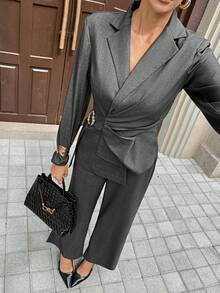 Siren Gaze Women's Fashionable Elegant Casual Lapel NeckSuit Set - Grey - View 7