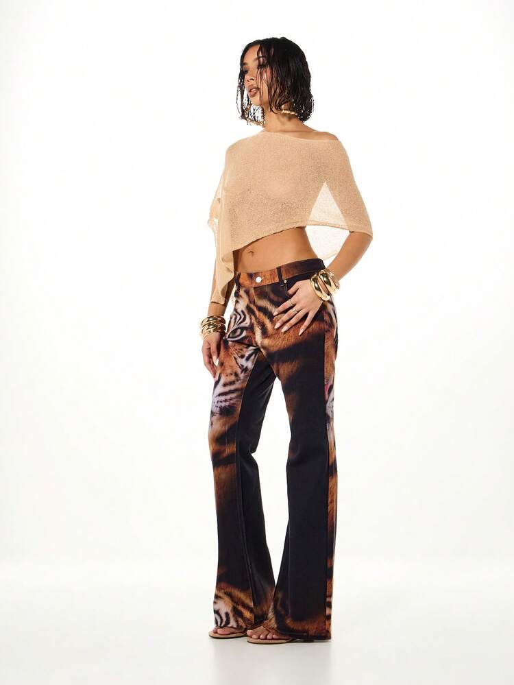 SUMWON WOMEN Tiger Print Low Rise Flare Jeans