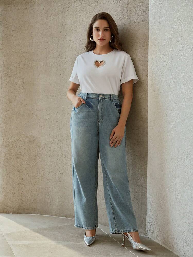 PLUS SIZE WOMEN'S CASUAL EVERYDAY COMMUTE HEART RHINESTONE HOLLOW OUT SHORT SLEEVE WHITE T-SHIRT