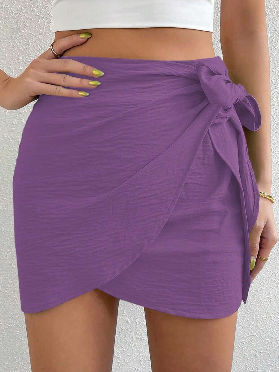 Breezaya Solid Color Textured Fabric Tie-Up Fashionable Summer Versatile Mini Skirt - Violet Purple - View 1