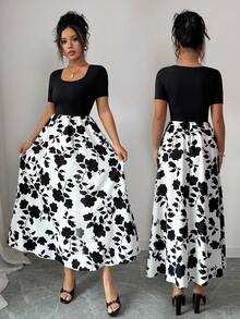 Elenzga Women's Elegant U-Neck Short Sleeve Solid Color Patchwork Floral Print A-Line Dress - Multicolor - View 5