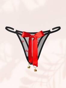 1pc Women's Sexy Contrast Color Bowknot Bell Flocked Mesh Hollow Low-Waist Thong Panties - Multicolor - View 2
