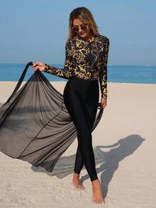 Swim Mulvari Women's Summer Vacation Casual Beach 3-Piece Set: Black & Gold Pattern Print Long Sleeve One Piece Swimsuit, Long Pants, Skirt - Multicolor - View 3