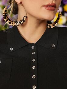 VOLUPTÉ CURVE Plus Size Spring Vintage Lapel Button-Up Long Sleeve Cardigan Outerwear, Fitted Slim Elegant Knit Fabric Casual Commuter Jacket, Black Button Up Knit Cardigan, Plus Size, Spring - Black - View 8
