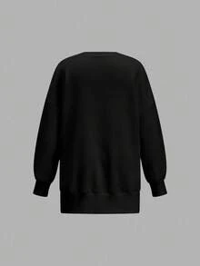 EMERY ROSE Plus Size Solid Color Round Neck Casual Versatile Long Sleeve Sweatshirt Thanksgiving Women New Years Women Rave, Spring - Black - View 6