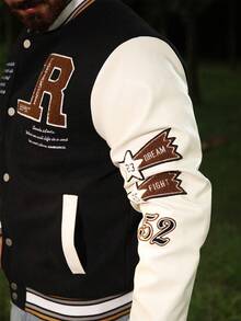 Logeqi® Hombres Chaqueta de béisbol informal vintage Abrigo acolchado grueso otoño/invierno vintage informal con Letras bordados y frases de 2 bolsillos inclinado sencilla de Color Negro y Beige - Negro - Ver 11