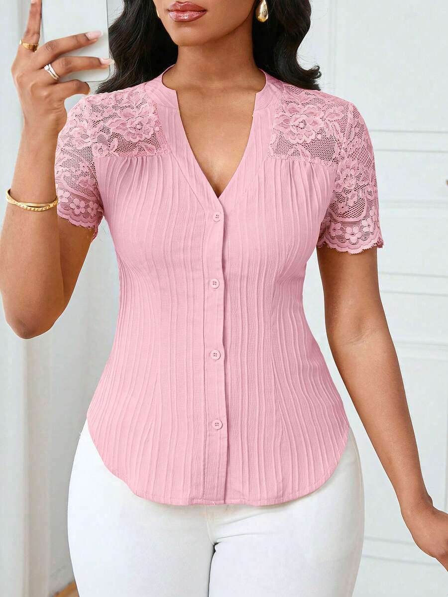 Lunelith SHEIN Lunessa Áo cánh ren tay ngắn thanh lịch tối giản cho nữ khi đi làm - Màu Hồng baby - Xem 1