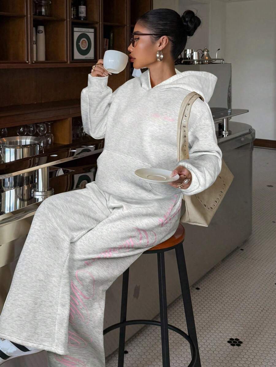 SHEIN EZwear 女士浅灰色针织连帽衫和运动裤套装 - 淺灰色 - 查看 1