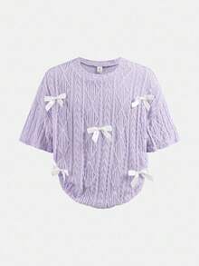 SHEIN Serisse Kids 少女宽松针织提花圆领套头衫和喇叭裤两件套 - 淡紫色 - 查看 3