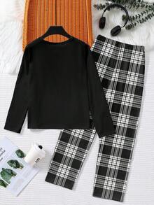 2pcs/Set Tween Boys' Loose Fit Black Long Sleeve Top With White Football Print And Black & White Plaid Loose Fit Pants, Knit Fabric Comfortable Pajama Set - Black - View 2