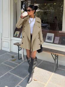 Muchica Women's Fashionable & Elegant Double-Breasted Belted Trench Coat French Style Clothes Women Trench Coat Trench Coat Women In Fall/Winter - Khaki - View 4