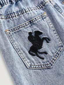 SHEIN Teen Girl Y2K Low Rised Light Washed Pockets Embroidered Embellished Wide Leg Jeans - Light Wash - View 3