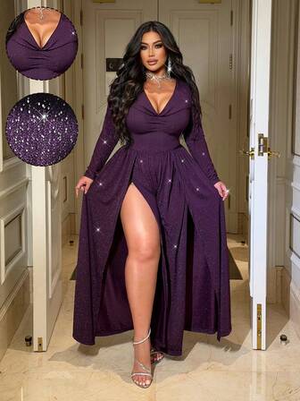 NU&NOW 优雅性感露背高开衩收腰连衣裙，闪亮金属面料，精致设计，适合派对、约会等场合，大码尺码。