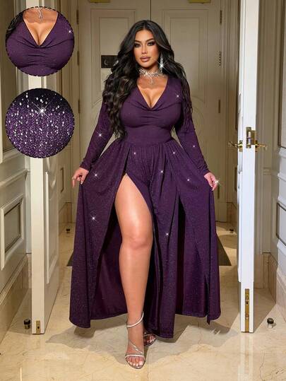 NU&NOW Elegant Sexig Rygglös Klänning med Hög Slits och Åtsittande Midja, Glansigt Metalliskt Tyg, Sofistikerad Design, Lämplig För Fester, Dejter, Plus Size