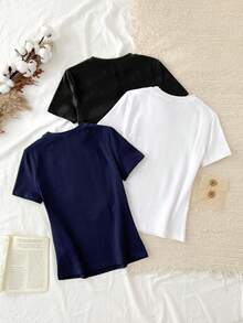 Tseoso 3件/套 95%纯棉休闲修身女式圆领短袖T恤，黑色、白色、灰色，适合所有季节室内外穿着，复古可爱夏季上衣，软妹风，夏季外出必备单品，居家穿着，返校季，秋季女装，百搭基础款T恤 3件装 纯棉T恤 修身款女式T恤 - 彩色 - 查看 2